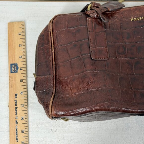 Fossil Croc Embossed Leather Satchel Brown Structured Shoulder Bag - Picture 15 of 16